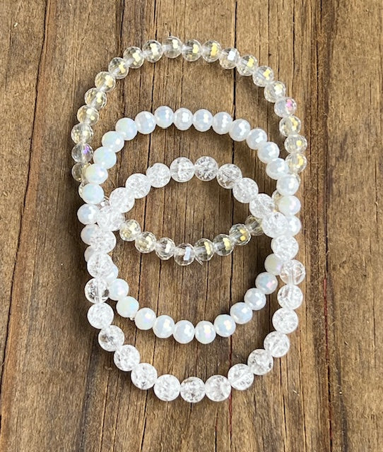 Shown top to bottom: Clear AB Crystal, White AB Crystal, Crackled Quartz (sold separately)